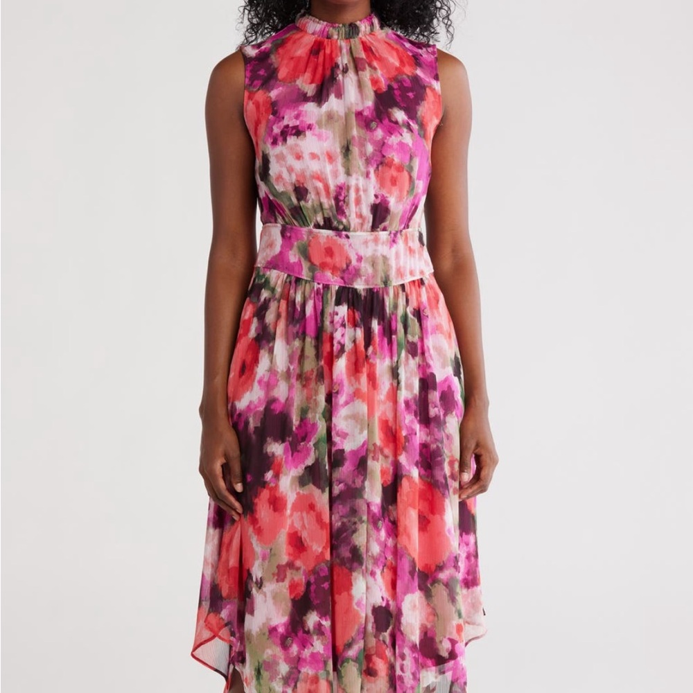 Calvin Klein Pink Floral Mock Neck Sleeveless Midi Dress